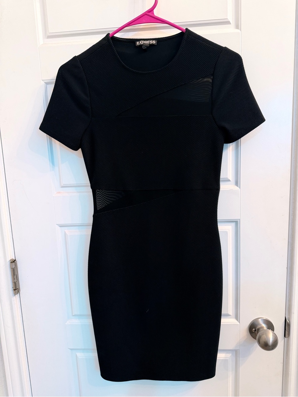 Express Black Short Sleeve Sheath Dress with Mesh Insets